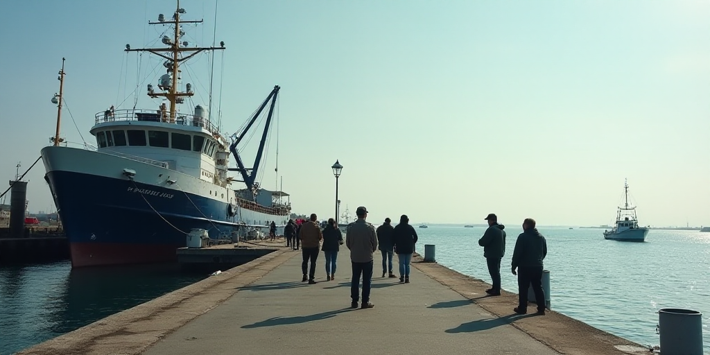 a group of people standing on a dock next to a large ship in the water and fishing on the water, Alv