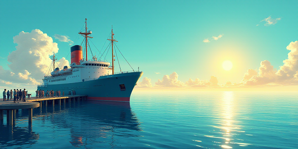 a group of people standing on a pier next to a large ship in the ocean with a sun shining, Eiichiro