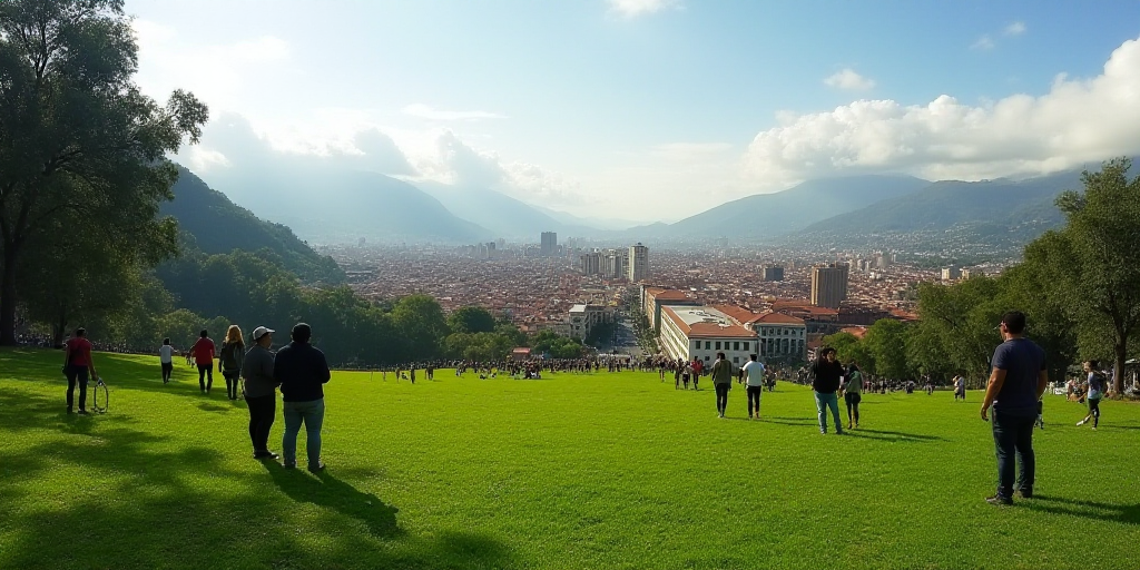 a group of people standing on top of a lush green field next to tall buildings and a park filled wit