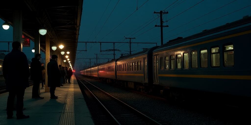 a group of people standing on a train platform next to a train at night time, with a train on the tr