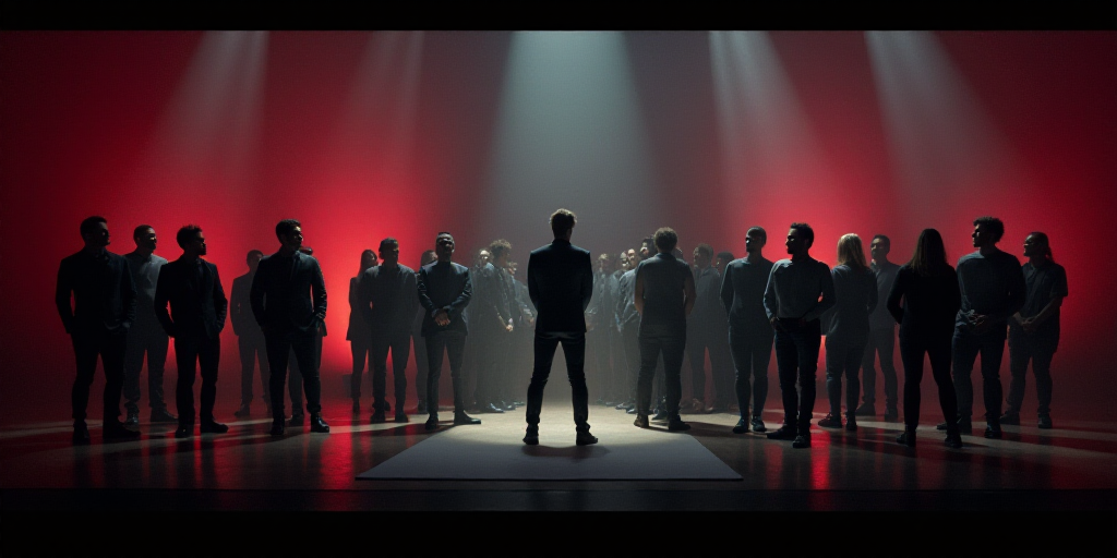a group of people standing on a stage with a sign in front of them and a man in a suit