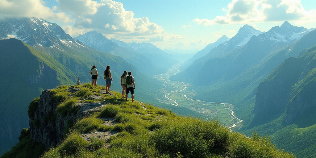 a group of people standing on top of a mountain next to a lush green valley and a mountain range, Ar