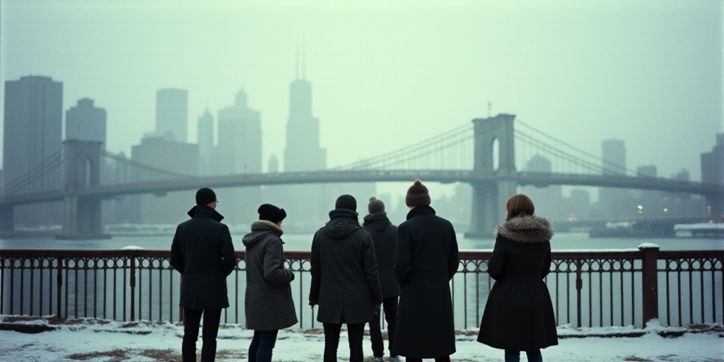a group of people standing on a bridge in front of a city skyline with a bridge in the background, C