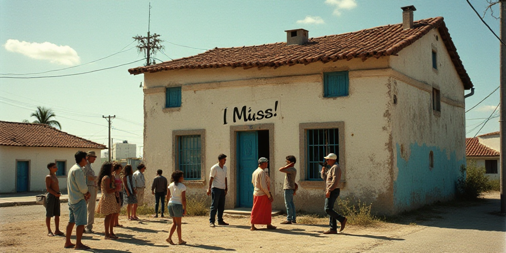 a group of people standing outside of a building with a sign that says i miss on it's side, Carlos F
