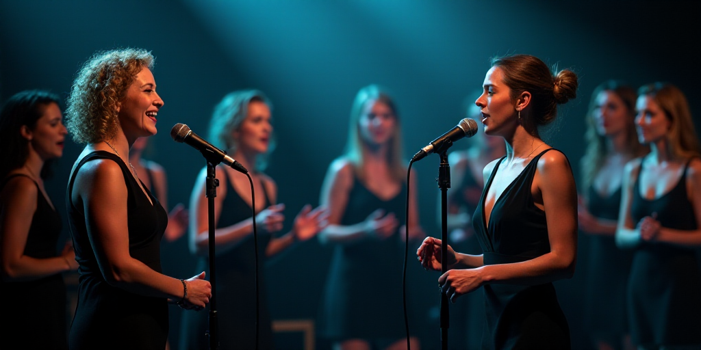 a group of people that are singing into microphones and singing into a microphone with one woman in