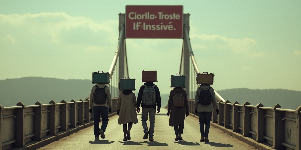 a group of people walking across a bridge with luggage on their heads and a sign above them that say