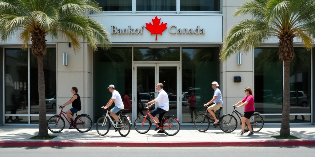 a group of people walking and riding bikes past a bank of canada sign and palm trees in front of a b