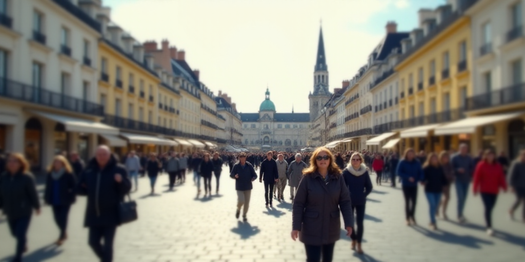a group of people walking around a city square with a sign that says orleans on it's side, Ceferí O