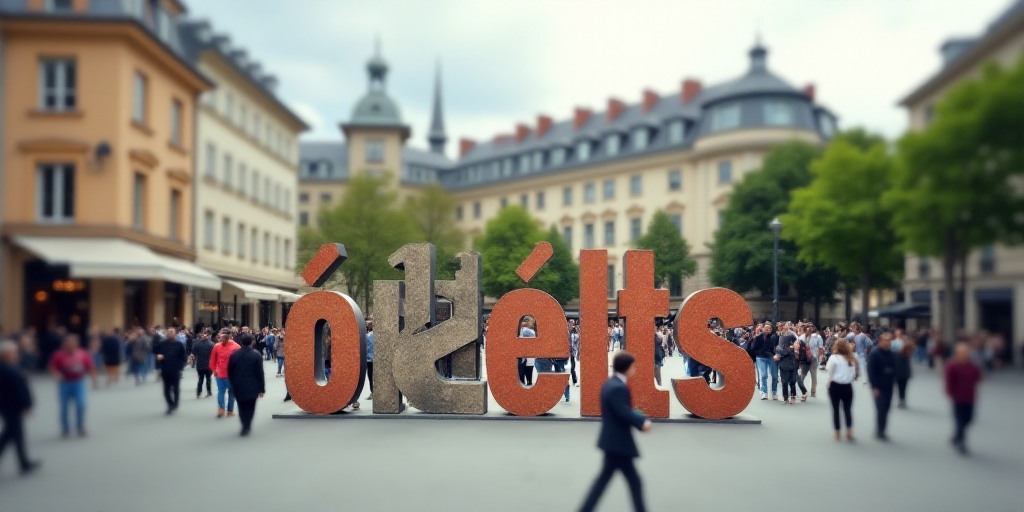 a group of people walking around a city square with a sign that says orleans on it's side, Ceferí O