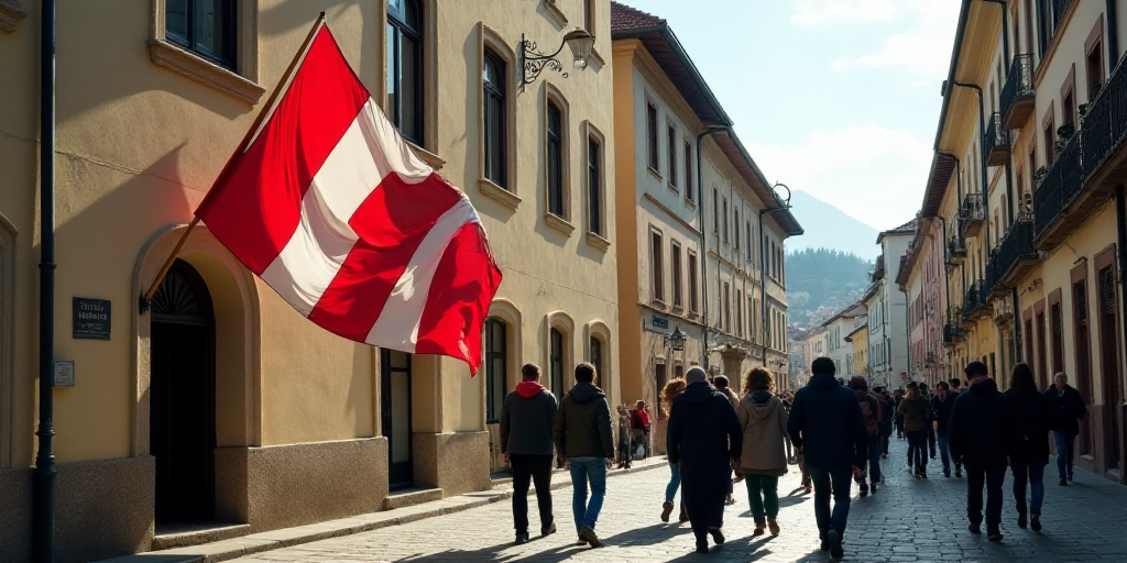 a group of people walking down a street next to a building with a flag on it's side, Ceferí Olivé,