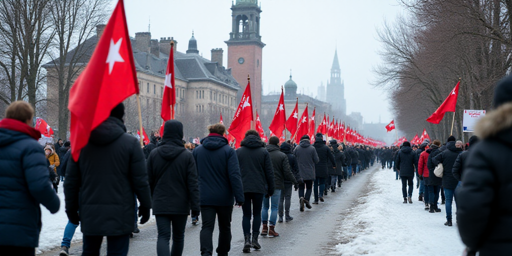 a group of people walking down a street holding signs and flags in the air and a building in the bac