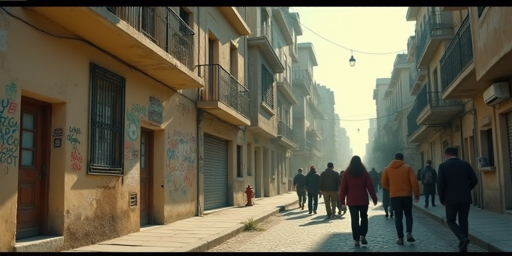 a group of people walking down a street next to a building with graffiti on it and a fire hydrant, B