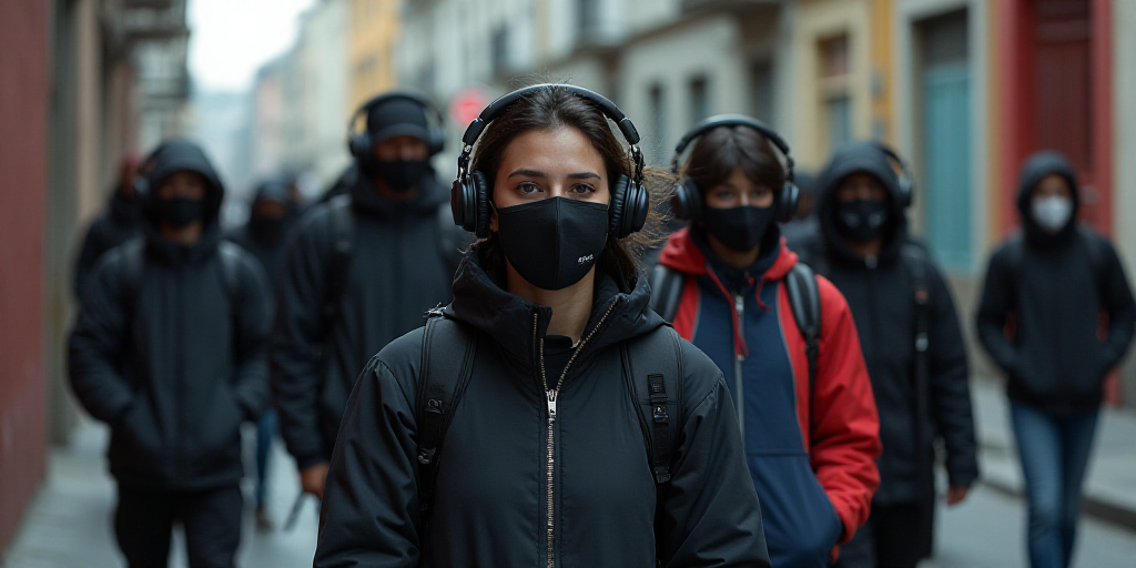 a group of people walking down a street wearing face masks on their faces and wearing headphones on