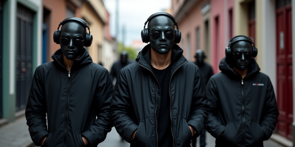 a group of people walking down a street wearing face masks on their faces and wearing headphones on
