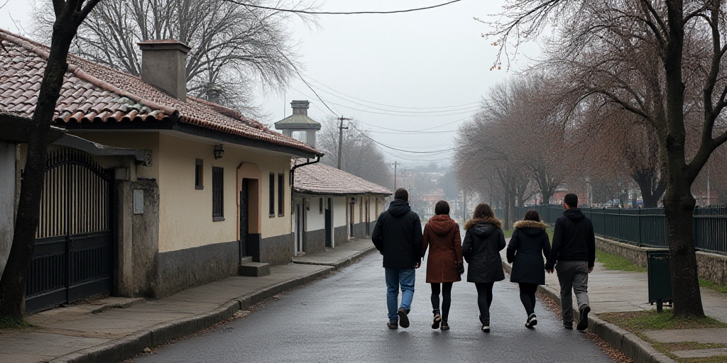 a group of people walking down a street next to a building with a gate and a gated entrance, Federic