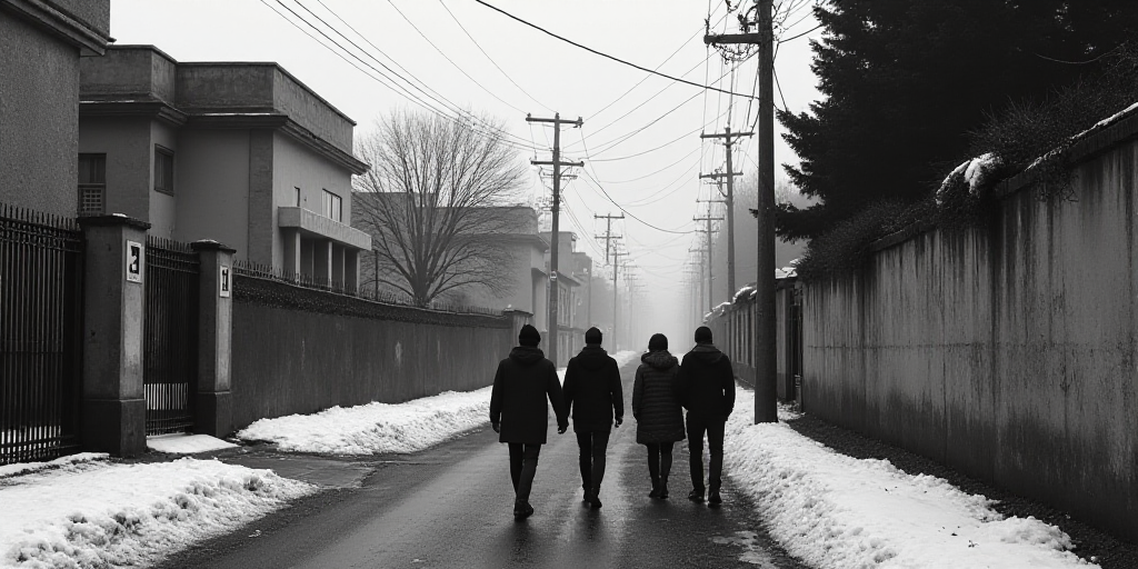 a group of people walking down a street next to a building with a gate and a gated entrance, Federic