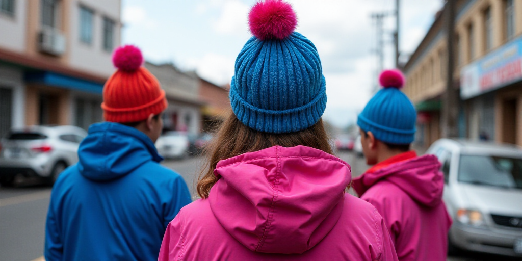 a group of people wearing ugly hats and jackets on a street corner with cars parked in the backgroun