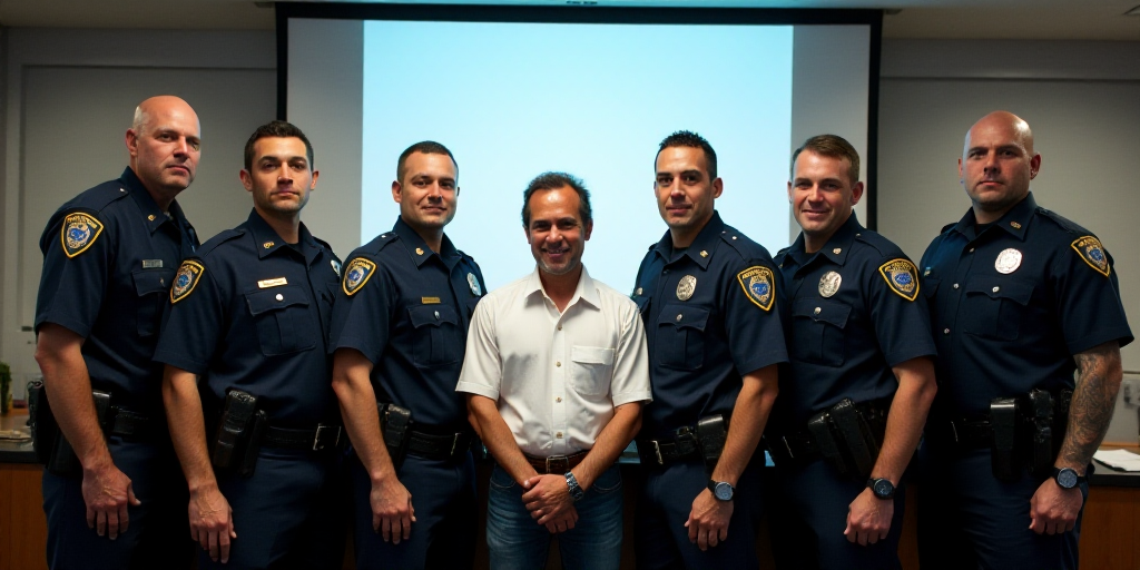 a group of police officers posing for a picture together in front of a screen with a man in a white