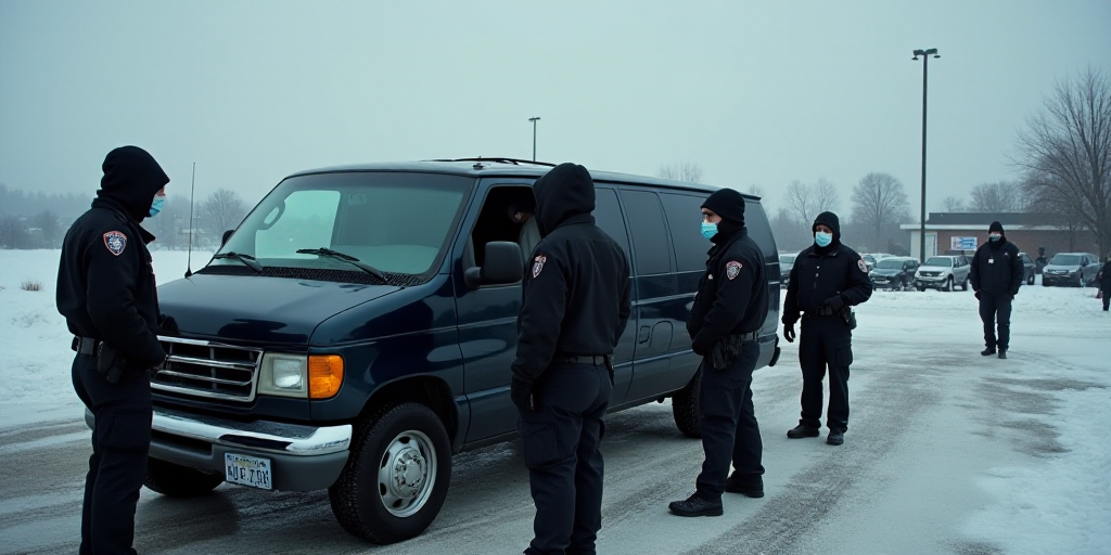a group of police officers standing next to a van in a parking lot with a person in a mask, Brenda C