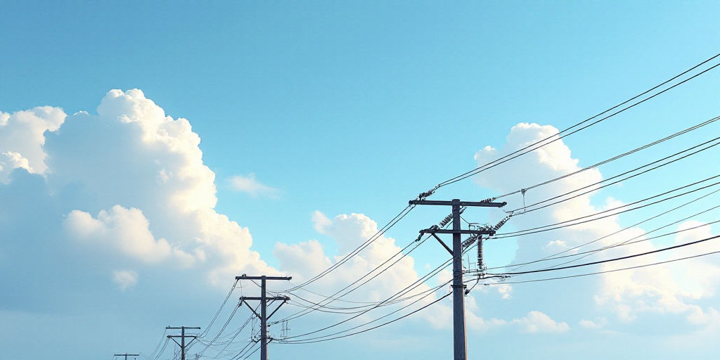 a group of power lines against a cloudy sky with clouds in the background and a blue sky with white