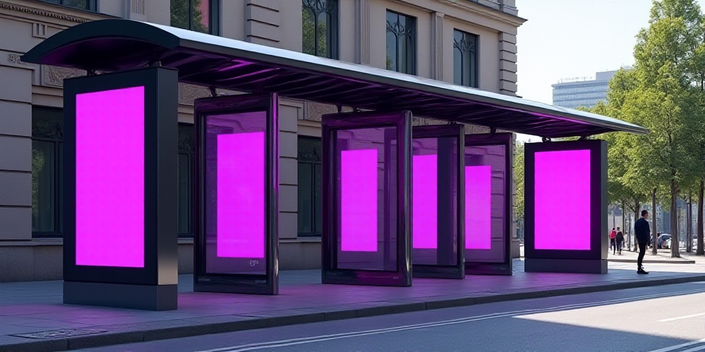 a group of purple and black bus stop displays on a city street with a building in the background and