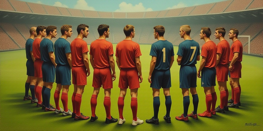 a group of soccer players standing on a field next to each other in a circle with a referee watching