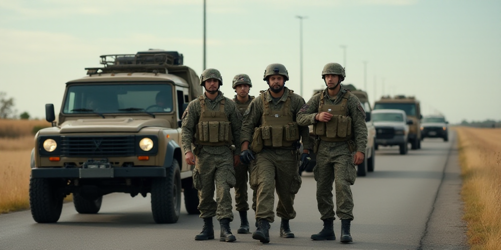 a group of soldiers standing in front of a vehicle on a road with other vehicles behind them and a c