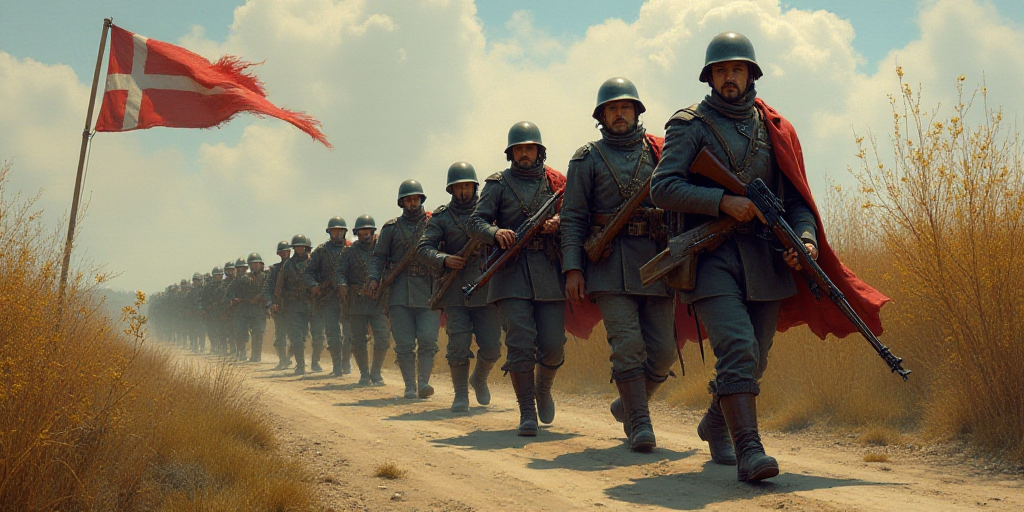 a group of soldiers walking down a dirt road with guns in their hands and a flag in the background,