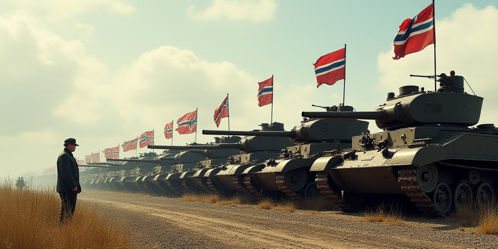 a group of tanks lined up in a row with flags on them and a man standing in front of them, Carl Gust