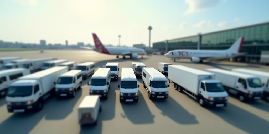 a group of vehicles parked at an airport terminal with planes parked in the background and on the ta