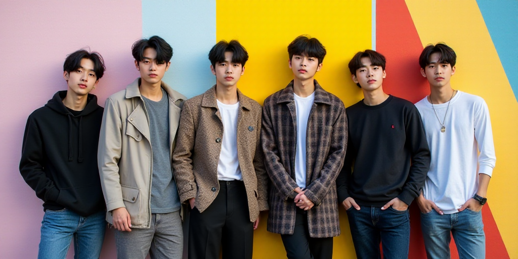 a group of young men standing next to each other in front of a colorful background with a white wall