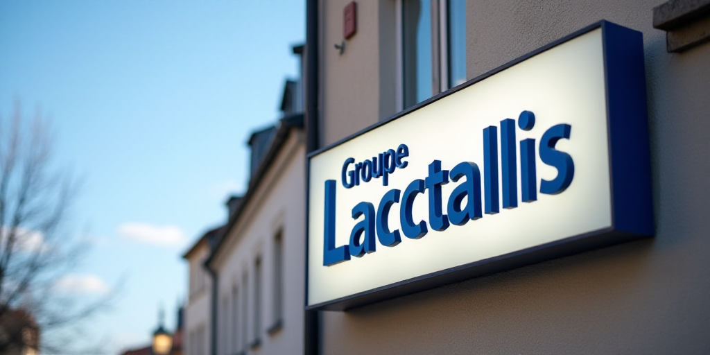 a groupe lacctallis sign on a building with a sky background and a building with a clock, Évariste