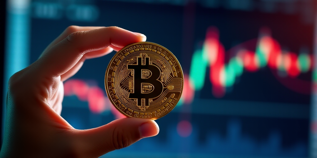 a hand holding a bitcoin and a stock chart in the background with a hand holding a bitcoin, Beeple,