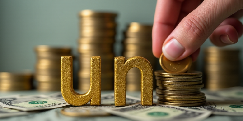 a hand putting a coin into a stack of coins with stacks of money in the background and the word umu