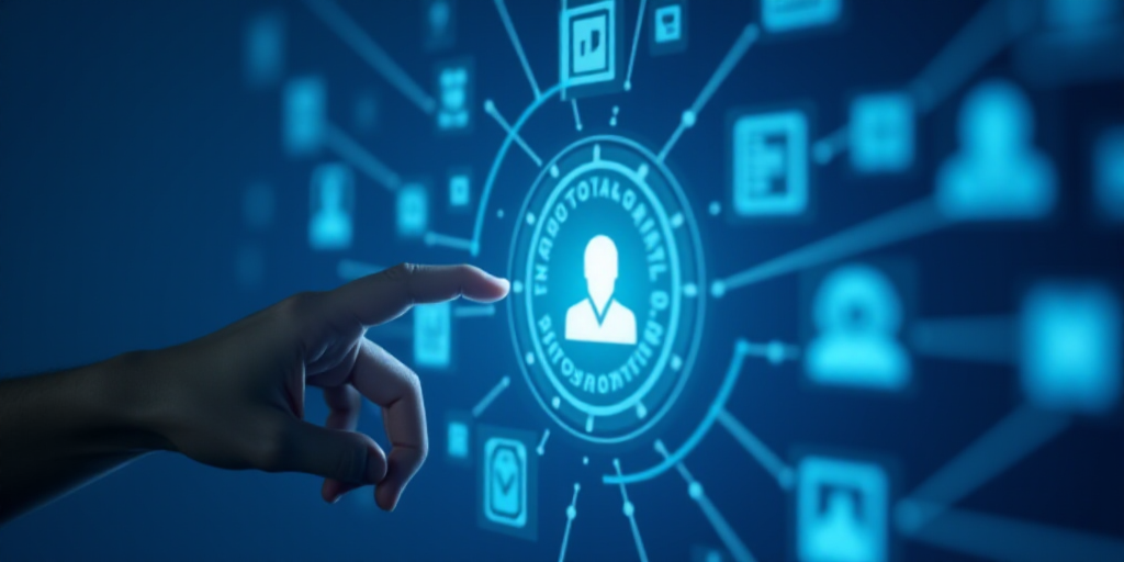 a hand touching a button on a blue background with icons and symbols around it and a hand pointing a