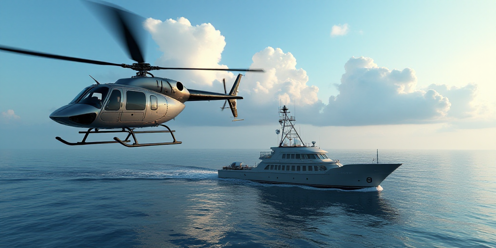 a helicopter flying over a boat in the ocean next to a helicopter flying over a ship in the ocean, D