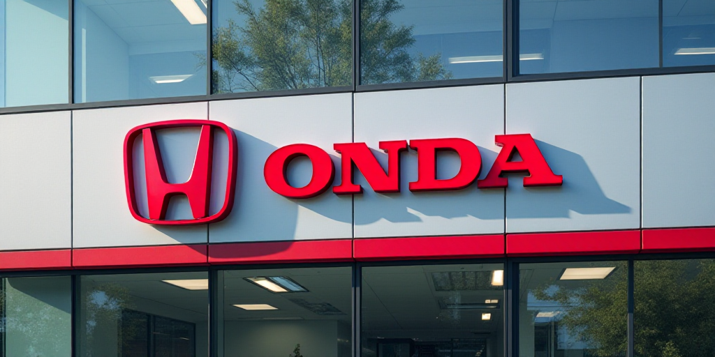 a honda sign is shown on a building in front of a glass wall with a red border around it, Baiōken E