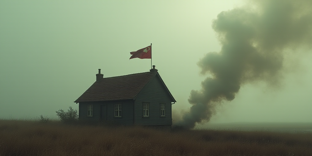 a house with smoke coming out of it and a flag on top of it and a flag on the roof, Anson Maddocks,
