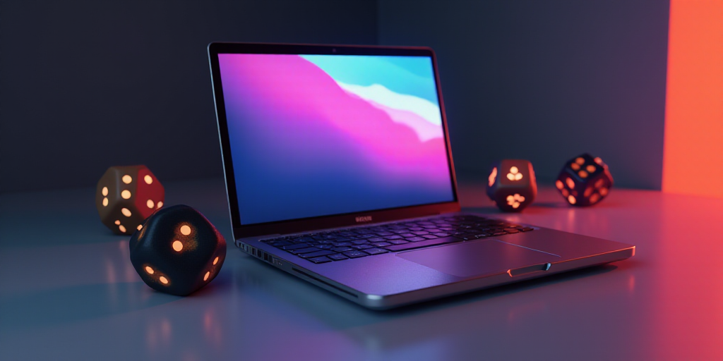 a laptop computer sitting on top of a table next to two dices and a pair of dices, Andries Stock, ra