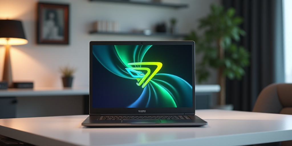 a laptop with a logo on it sitting on a table in a room with other items on it and a white table, An