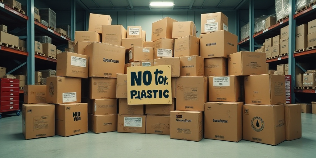 a large amount of boxes are stacked on the ground with a sign on them that says no to plastic, Aquir