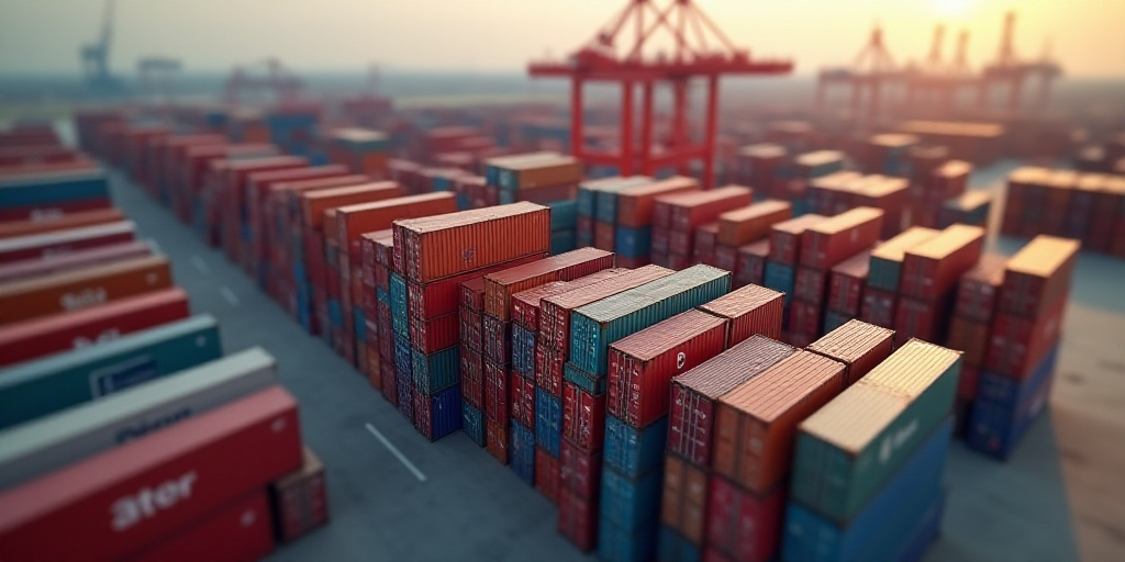 a large amount of containers are stacked up together in a large container yard with a crane in the b