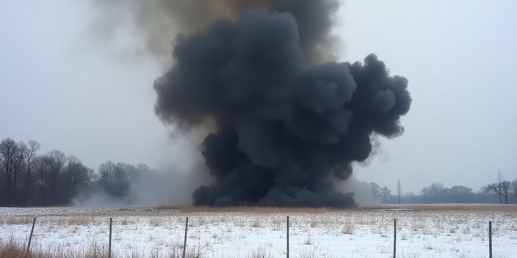 a large black cloud of smoke rising from a field of snow covered ground with trees in the background