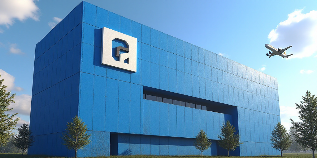 a large blue building with a logo on it's side and a plane flying by it's side, Celia Fiennes, unrea