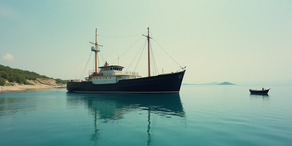 a large boat floating on top of a body of water next to a shore line with a boat in the water, Dahlo