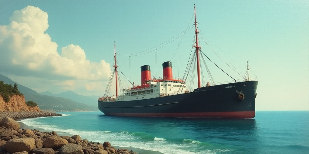 a large boat floating on top of a body of water next to a shore line with a boat in the water, Dahlo