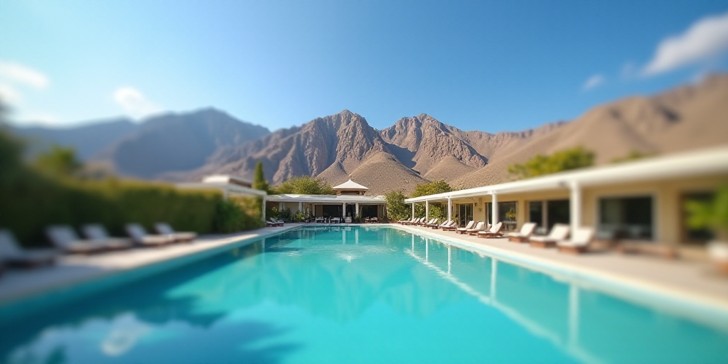 a large building with a large pool in front of it and mountains in the background with a blue sky, A