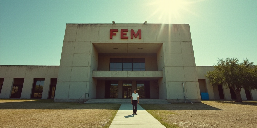 a large building with a sign on the front of it that says fem in spanish and a man standing outside,