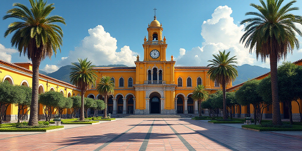 a large building with a tower and a clock on it's side in a city square with palm trees, Dali, maya,