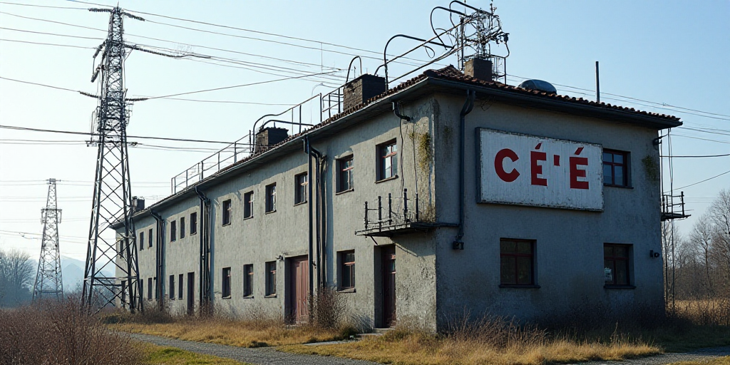 a large building with many wires and wires on it's sides and a sign that says, c f e, Ceferí Olivé